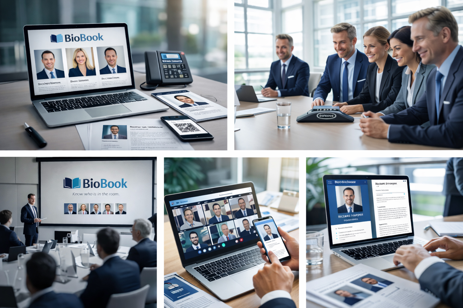 BioBook collage showing meeting materials, video calls, and profiles